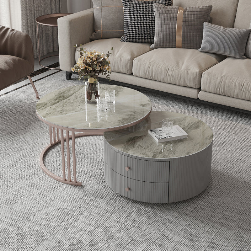 Modern Cocktail Table Round Glass / Slate Coffee Table with Storage Gray Clearhalo 'Coffee & Accent Tables' 'Coffee Tables' 'coffee_tables' 'furn' 'furn_coffee_tables' 'Furniture' 'Living Room Furniture' 6761324
