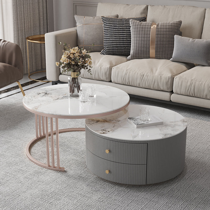 Modern Cocktail Table Round Glass / Slate Coffee Table with Storage Floralwhite Clearhalo 'Coffee & Accent Tables' 'Coffee Tables' 'coffee_tables' 'furn' 'furn_coffee_tables' 'Furniture' 'Living Room Furniture' 6761325
