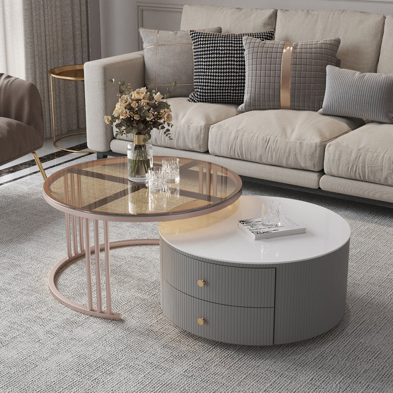 Modern Cocktail Table Round Glass / Slate Coffee Table with Storage Beige Brown Clearhalo 'Coffee & Accent Tables' 'Coffee Tables' 'coffee_tables' 'furn' 'furn_coffee_tables' 'Furniture' 'Living Room Furniture' 6761337