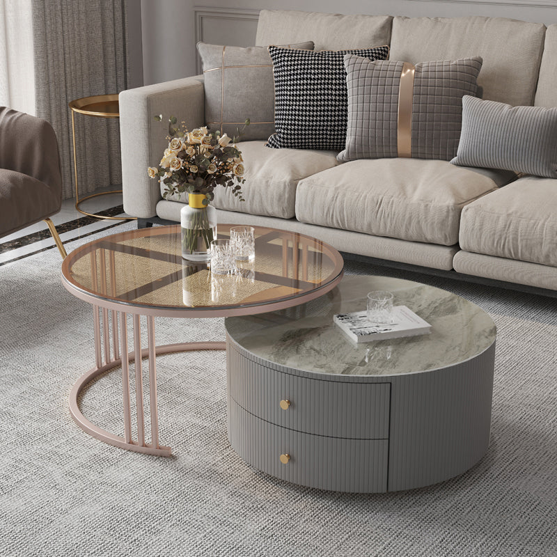 Modern Cocktail Table Round Glass / Slate Coffee Table with Storage Brown Gray Clearhalo 'Coffee & Accent Tables' 'Coffee Tables' 'coffee_tables' 'furn' 'furn_coffee_tables' 'Furniture' 'Living Room Furniture' 6761338