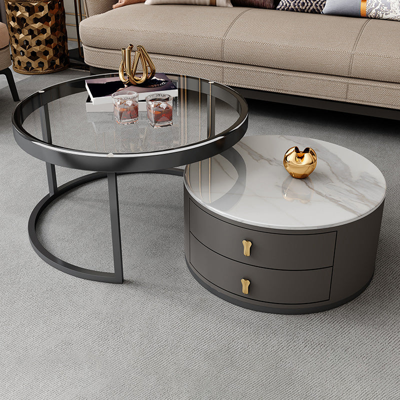 Modern Coffee Cocktail Table Round Nesting Coffee Table Set with Drawer White-Clear Clearhalo 'Coffee & Accent Tables' 'Coffee Tables' 'coffee_tables' 'furn' 'furn_coffee_tables' 'Furniture' 'Living Room Furniture' 6761784