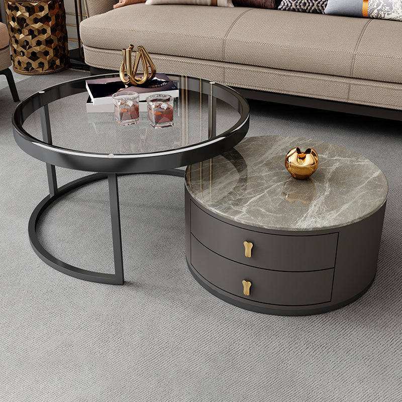 Modern Coffee Cocktail Table Round Nesting Coffee Table Set with Drawer Clear-Grey Clearhalo 'Coffee & Accent Tables' 'Coffee Tables' 'coffee_tables' 'furn' 'furn_coffee_tables' 'Furniture' 'Living Room Furniture' 6761786