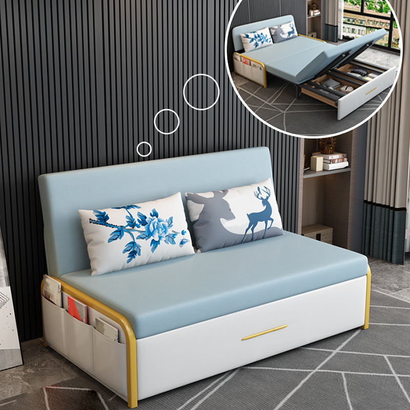 グラムラウンドアーム布団フレームボンドレザーブルースリーパーソファ