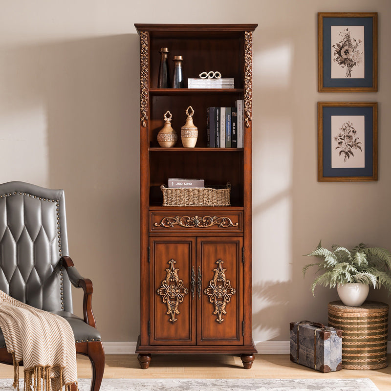 Rectangle Standard Storage Cabinet Solid Wood Cabinet with Drawer 27.5"L x 16"W x 80"H Brown Carvings Clearhalo 'Cabinets & Chests' 'cabinets_chests' 'furn' 'furn_cabinets_chests' 'Furniture' 'Living Room Furniture' 6762222