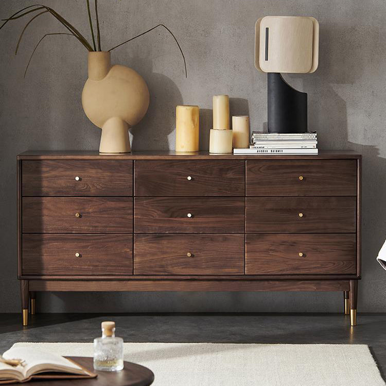 Rectangular Rubberwood Chest Mid-Century Modern Accent Chest with 9 Drawers Dark Walnut Clearhalo 'Cabinets & Chests' 'cabinets_chests' 'furn' 'furn_cabinets_chests' 'Furniture' 'Living Room Furniture' 6762235