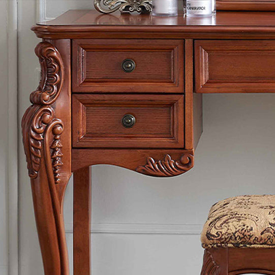 Vanità del tavolo da trucco marrone in legno massiccio con cassetti e specchio