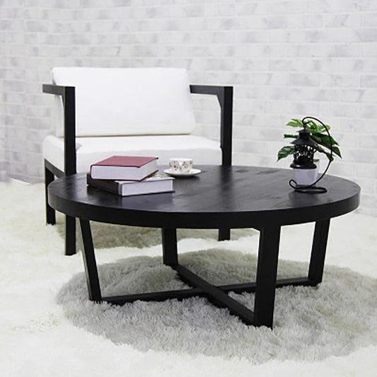 Solid Wood and Metal Coffee Table Home Round Coffee Desk in Black