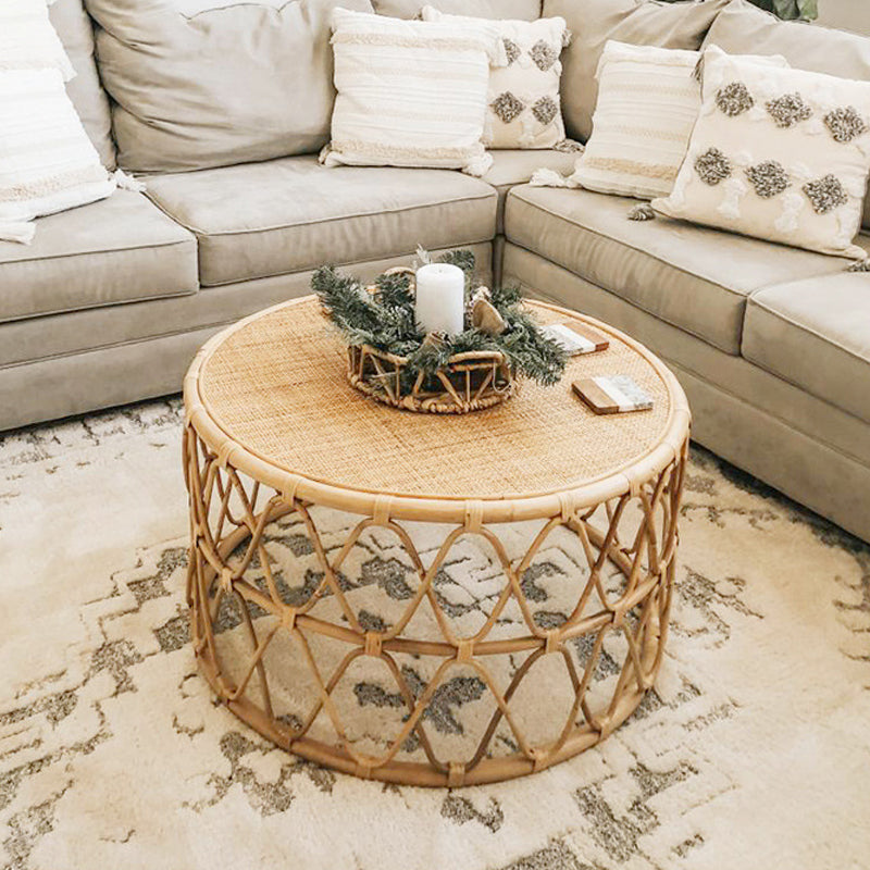 Scandinavian Round Cocktail Table with Wicker Base Natural/Black Clearhalo 'Coffee & Accent Tables' 'Coffee Tables' 'coffee_tables' 'furn' 'furn_coffee_tables' 'Furniture' 'Living Room Furniture' 6762748