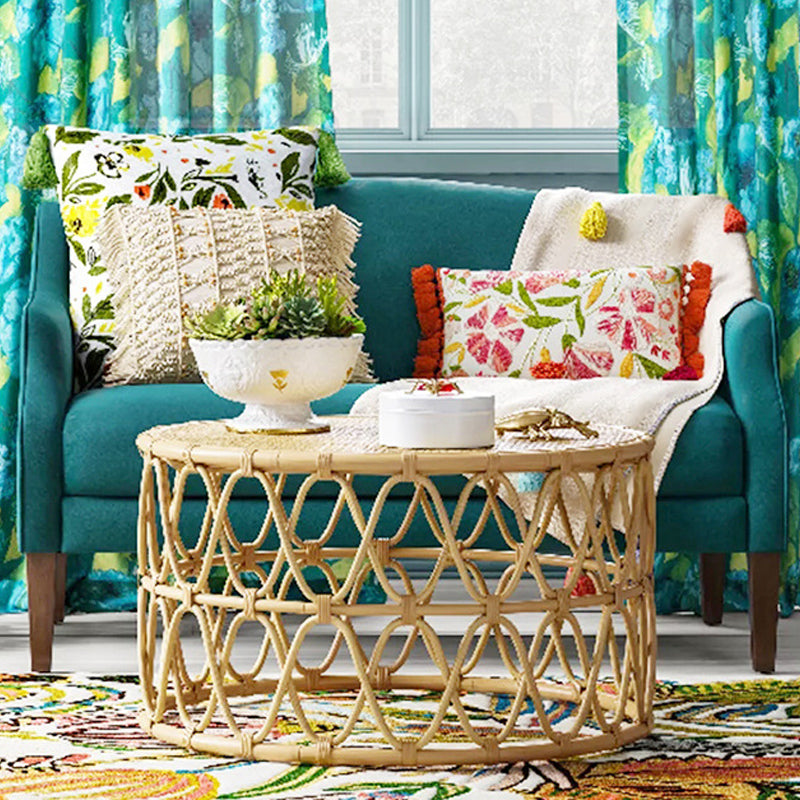 Scandinavian Round Cocktail Table with Wicker Base Natural/Black Clearhalo 'Coffee & Accent Tables' 'Coffee Tables' 'coffee_tables' 'furn' 'furn_coffee_tables' 'Furniture' 'Living Room Furniture' 6762753