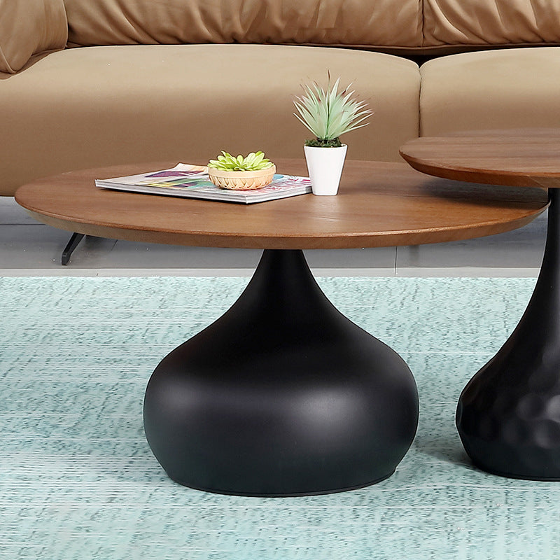 Modern Round Wooden Coffee Table Iron Pedestal Cocktail Table