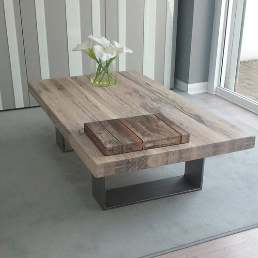 Scandinavian Solid Wood Coffee Table with Distressed Top and Sled Base