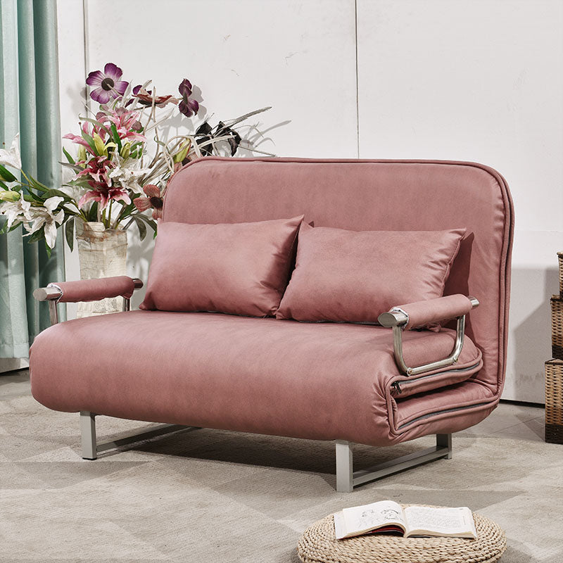 Scandinavian Foldable Futon Sleeper Sofa Round Arms Convertible Sofas 51"L x 27.5"W x 31.5"H Pink Tech Cloth Clearhalo 'furn' 'furn_futons' 'Furniture' 'Futons & Daybeds' 'Futons' 'Living Room Furniture' 6763595