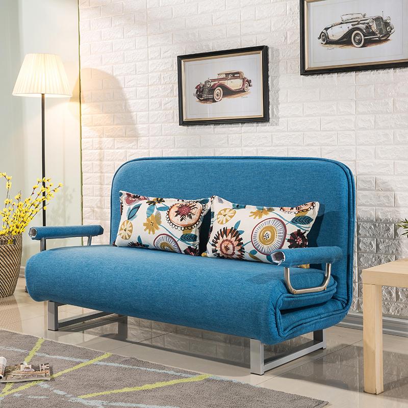 Scandinavian Foldable Futon Sleeper Sofa Round Arms Convertible Sofas 47"L x 28"W x 31"H Blue Cotton and Linen Clearhalo 'furn' 'furn_futons' 'Furniture' 'Futons & Daybeds' 'Futons' 'Living Room Furniture' 6763597