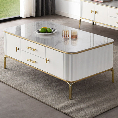 Glam 4-beiniger einzelner Couchtisch aus Schiefer, rechteckiger Cocktailtisch mit 2 Schubladen