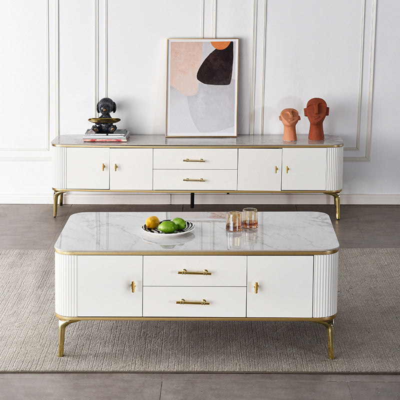 Glam 4-beiniger einzelner Couchtisch aus Schiefer, rechteckiger Cocktailtisch mit 2 Schubladen