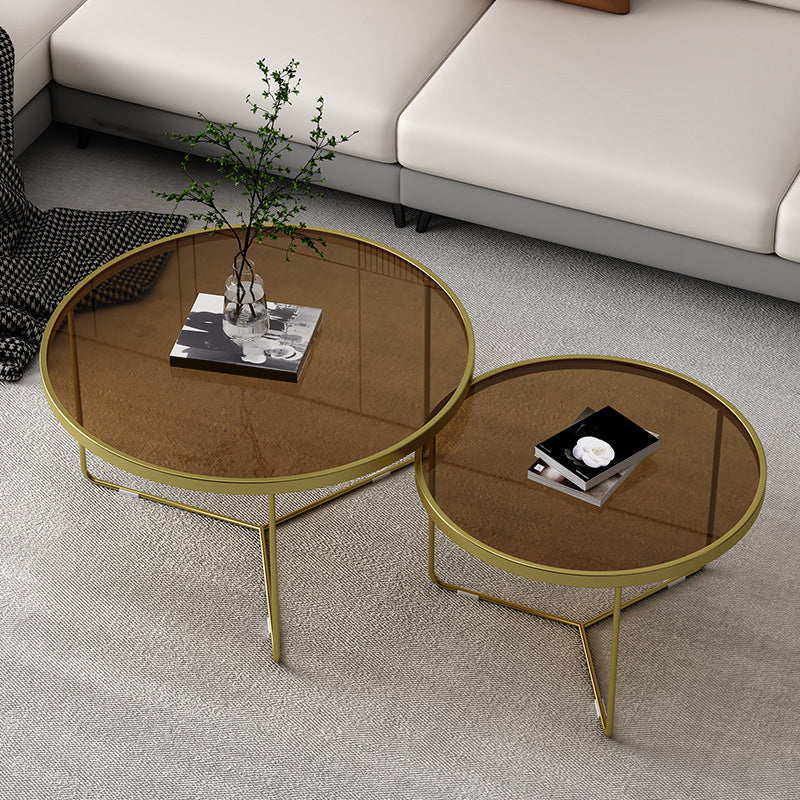 Modern Round Coffee Table Glass Top Nesting Coffee Table Set Tan Gold Clearhalo 'Coffee & Accent Tables' 'Coffee Tables' 'coffee_tables' 'furn' 'furn_coffee_tables' 'Furniture' 'Living Room Furniture' 6765417