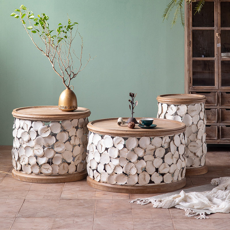 Tavolo laterale accento a forma di tamburo in legno e in metallo tavolo d'angolo in stile rustico