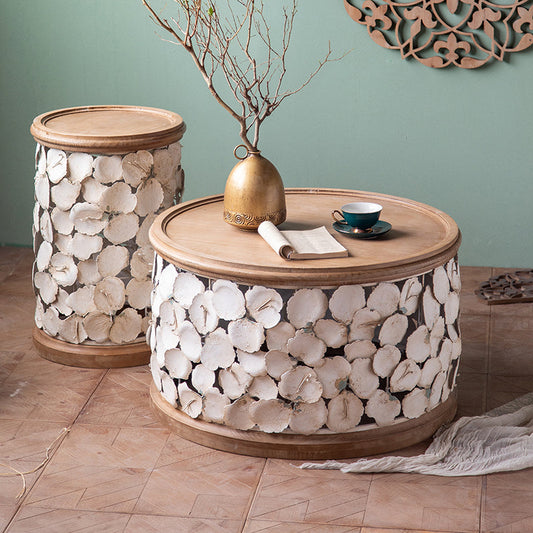 Tavolo laterale accento a forma di tamburo in legno e in metallo tavolo d'angolo in stile rustico