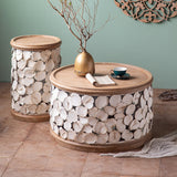 Tavolo laterale accento a forma di tamburo in legno e in metallo tavolo d'angolo in stile rustico