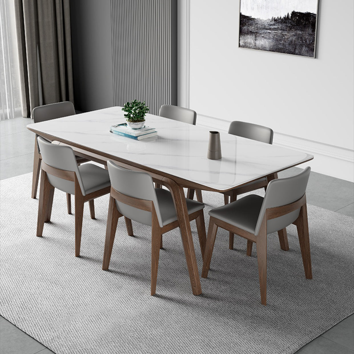 Table de salle à manger en pierre frittée de table rectangulaire moderne avec pieds en bois