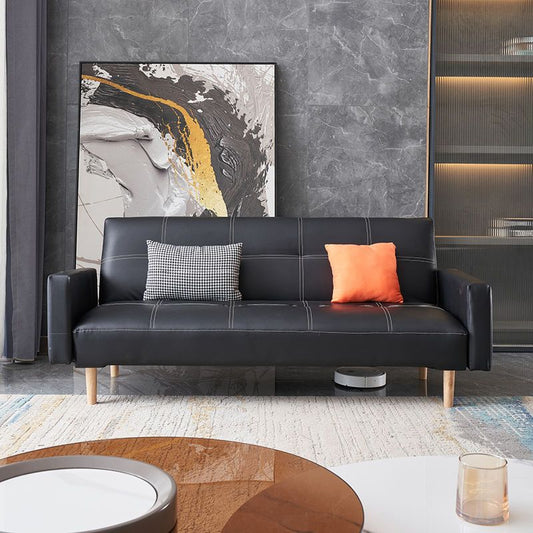 29.52" H Contemporary Faux Leather Convertible Sofa Biscuit Back Square Arm Sofa