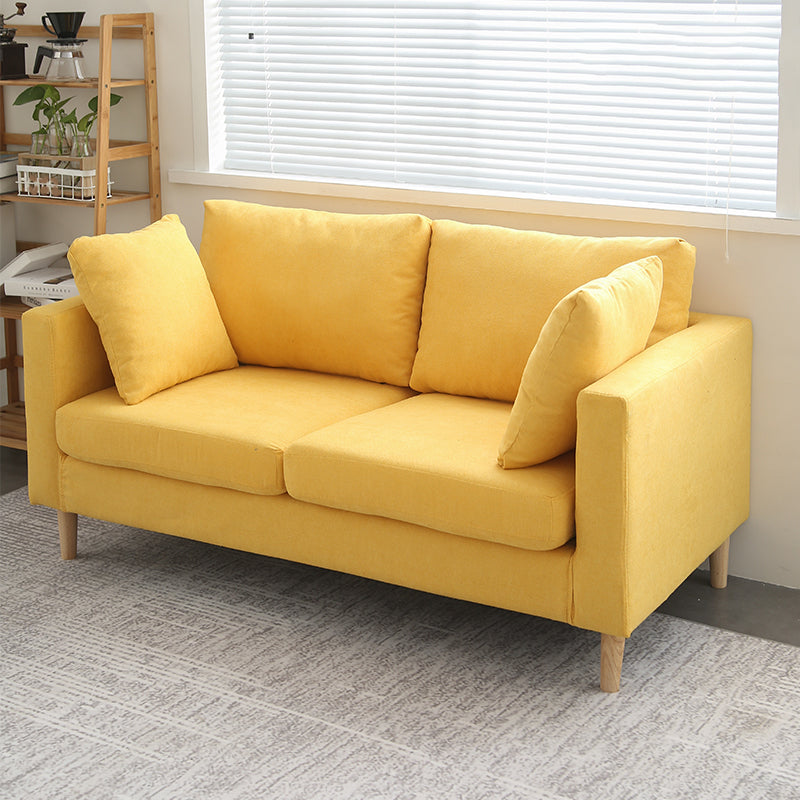 Scandinavisch linnen loveseat met vierkante armen en 2 kussens terug