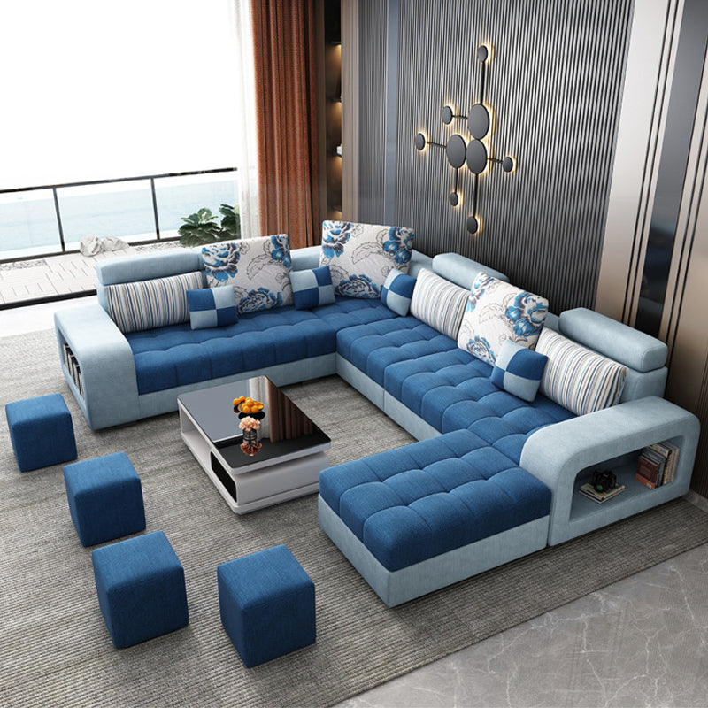 Farmhouse U divano in blu sciodo sciolta in pelle finta/tessuto con deposito