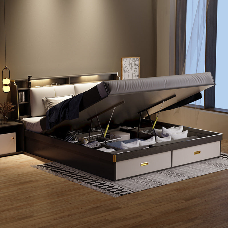 リフトアップストレージ付きコンテンポラリーウッドベッドフレームソリッドカラー標準ベッド