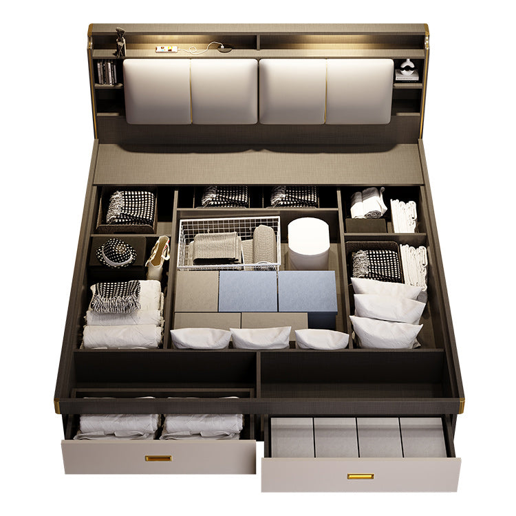 リフトアップストレージ付きコンテンポラリーウッドベッドフレームソリッドカラー標準ベッド