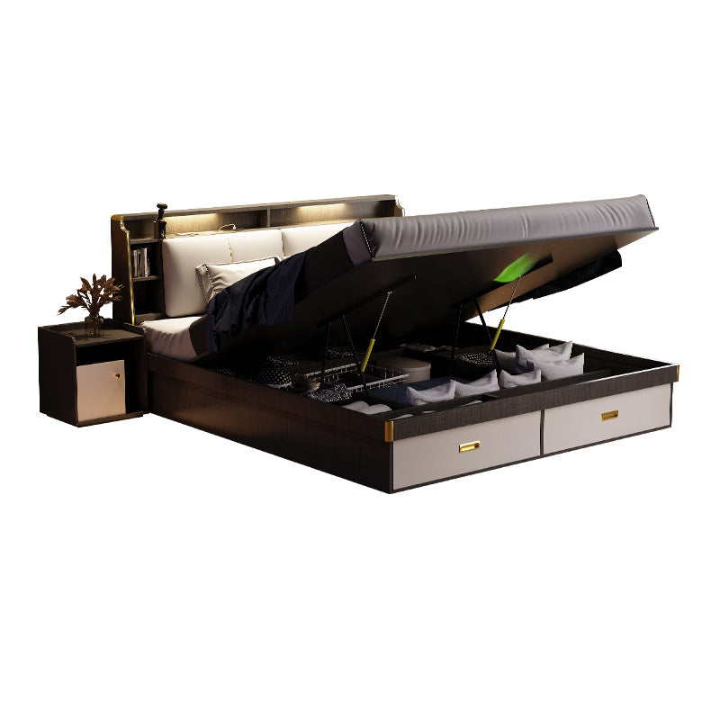 リフトアップストレージ付きコンテンポラリーウッドベッドフレームソリッドカラー標準ベッド
