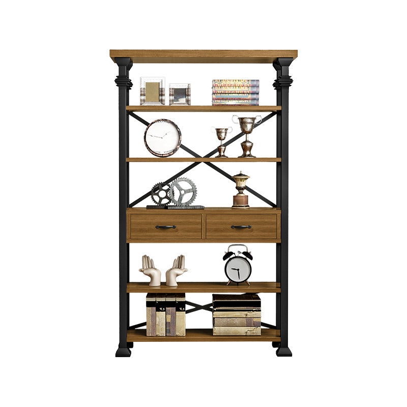 Open Back Standard Bookcase Industrial Wooden Bookshelf with Drawers