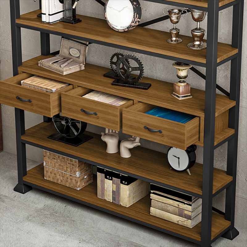 Open Back Standard Bookcase Industrial Wooden Bookshelf with Drawers