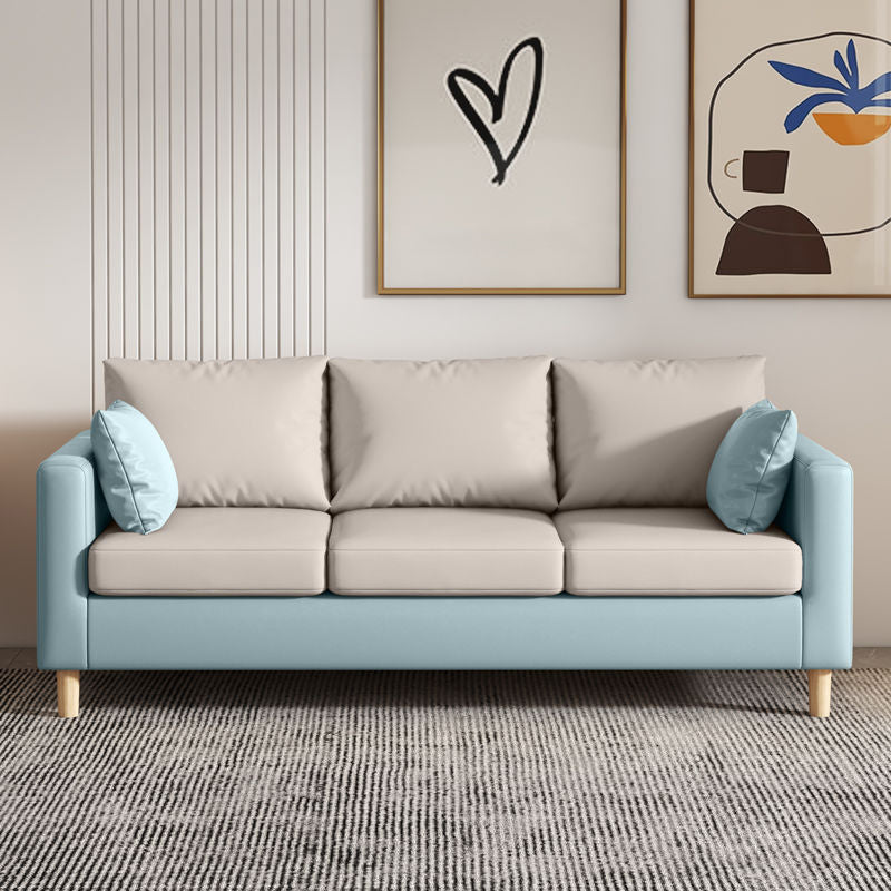 Modern 3-Seater 28.34" H Faux Leather Square Arm Sofa with 2 Pillows 67"L x 26"W x 28"H Mint Green - Off-White Clearhalo 'furn' 'furn_sofas' 'Furniture' 'Living Room Furniture' 'Sofa' 'sofas' 6778435