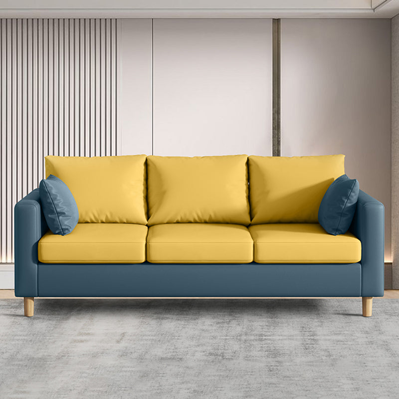 Modern 3-Seater 28.34" H Faux Leather Square Arm Sofa with 2 Pillows 75"L x 26"W x 28"H Royal Blue-Yellow Clearhalo 'furn' 'furn_sofas' 'Furniture' 'Living Room Furniture' 'Sofa' 'sofas' 6778438