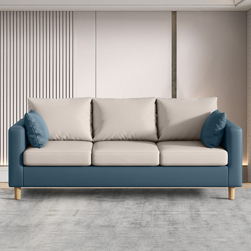 Modern 3-Seater 28.34" H Faux Leather Square Arm Sofa with 2 Pillows 75"L x 26"W x 28"H Beige Blue Clearhalo 'furn' 'furn_sofas' 'Furniture' 'Living Room Furniture' 'Sofa' 'sofas' 6778447