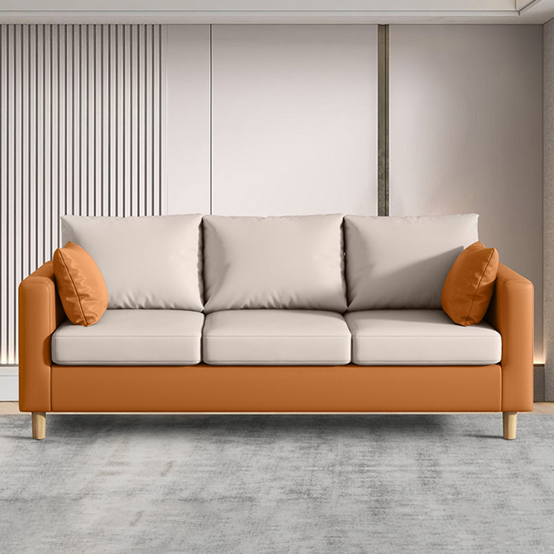 Modern 3-Seater 28.34" H Faux Leather Square Arm Sofa with 2 Pillows 75"L x 26"W x 28"H Beige Orange Clearhalo 'furn' 'furn_sofas' 'Furniture' 'Living Room Furniture' 'Sofa' 'sofas' 6778451