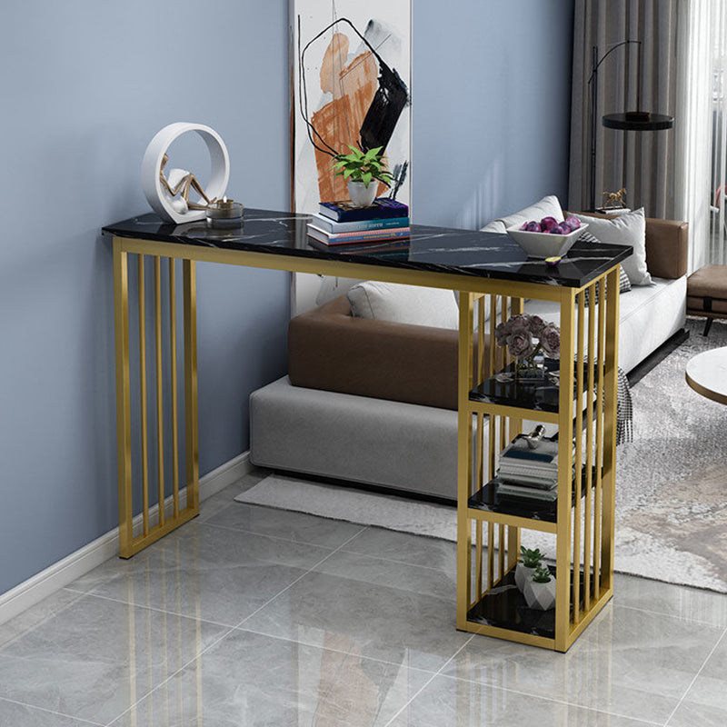Mesa industrial rectangular con altura de barra, mesa de bar de madera sintética con base de almacenamiento