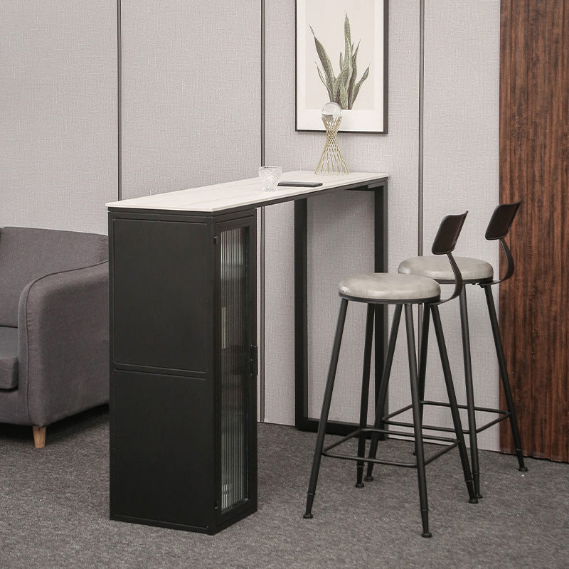 Modern Bistro Bar Table Sintered Stone Bar Table with Storage 55.1"L x 15.7"W x 41.3"H White Gold Without Chairs Clearhalo 'Bar Furniture' 'Bar Tables' 'bar_tables' 'furn' 'furn_bar_tables' 'Furniture' 'Kitchen & Dining Furniture' 6779873