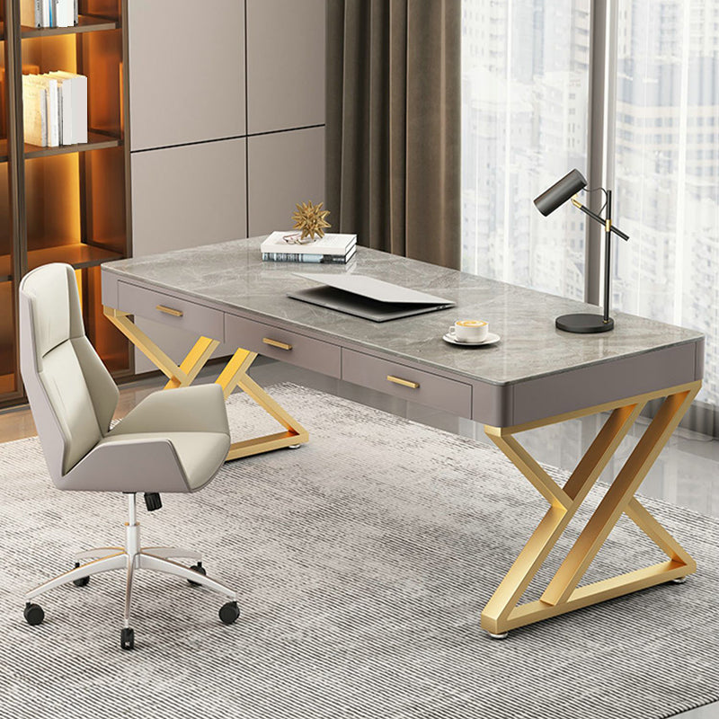 Glam Stone Writing Desk Sled Base 29.53" Tall Office Desk with Drawers Clearhalo 'furn' 'furn_office_desk' 'Furniture' 'Office Desks' 'Office Furniture' 'office_desk' 6788087