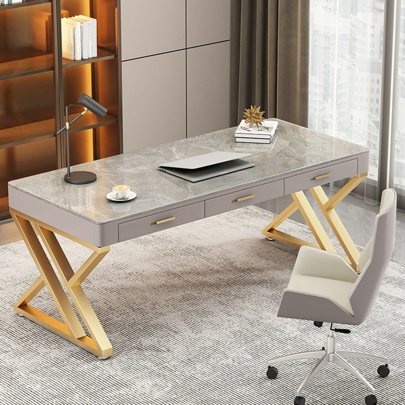 Glam Stone Writing Desk Sled Base 29.53" Tall Office Desk with Drawers 70.9"L x 27.6"W x 29.5"H Clearhalo 'furn' 'furn_office_desk' 'Furniture' 'Office Desks' 'Office Furniture' 'office_desk' 6788089