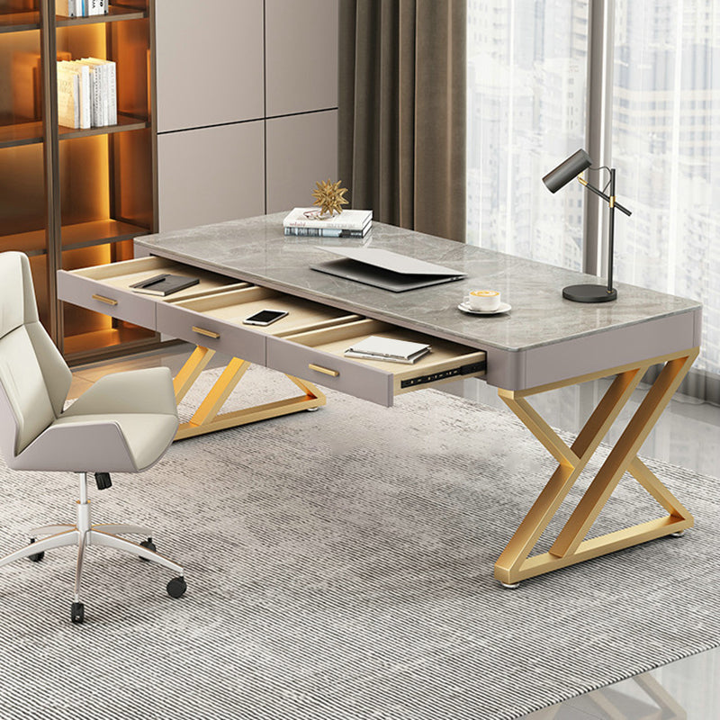 Glam Stone Writing Desk Sled Base 29.53" Tall Office Desk with Drawers Clearhalo 'furn' 'furn_office_desk' 'Furniture' 'Office Desks' 'Office Furniture' 'office_desk' 6788097