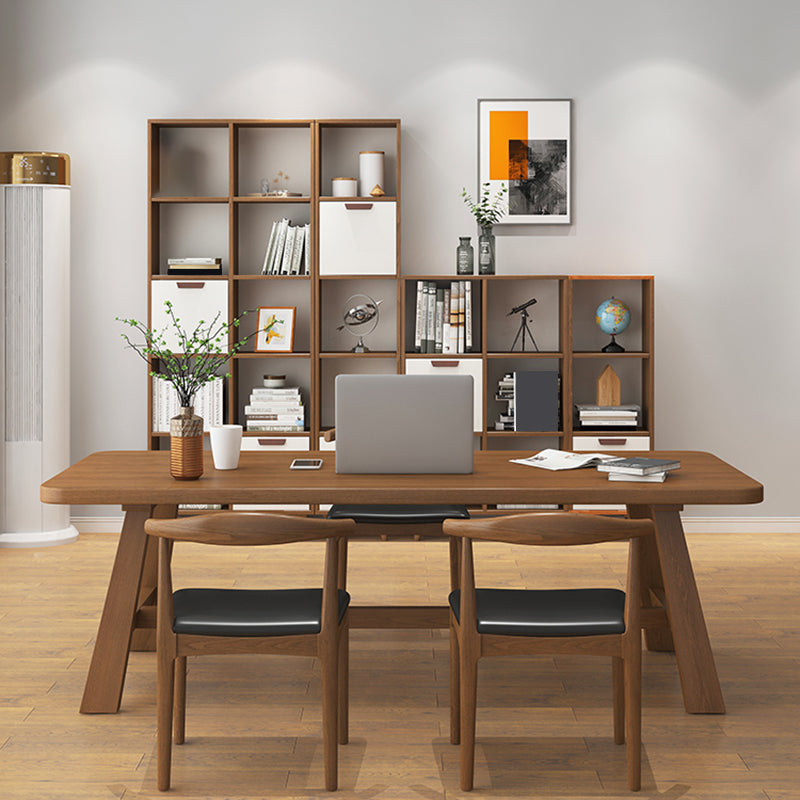 Solid Wood Curved Writing Desk H-Shape Base 29.53" Tall Office Desk 86.6"L x 35.4"W x 29.5"H Clearhalo 'furn' 'furn_office_desk' 'Furniture' 'Office Desks' 'Office Furniture' 'office_desk' 6788268