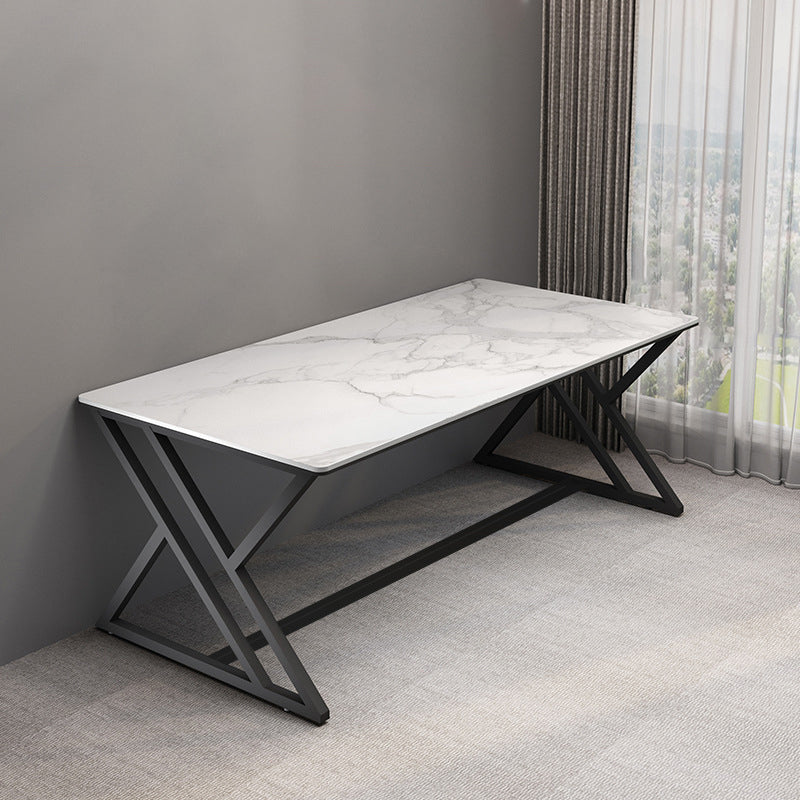 Stone Rectangular Gaming Desk 29.53-inch Tall Computer Desk with Iron Legs 70.9"L x 35.4"W x 29.5"H White Clearhalo 'furn' 'furn_office_desk' 'Furniture' 'Office Desks' 'Office Furniture' 'office_desk' 6789016