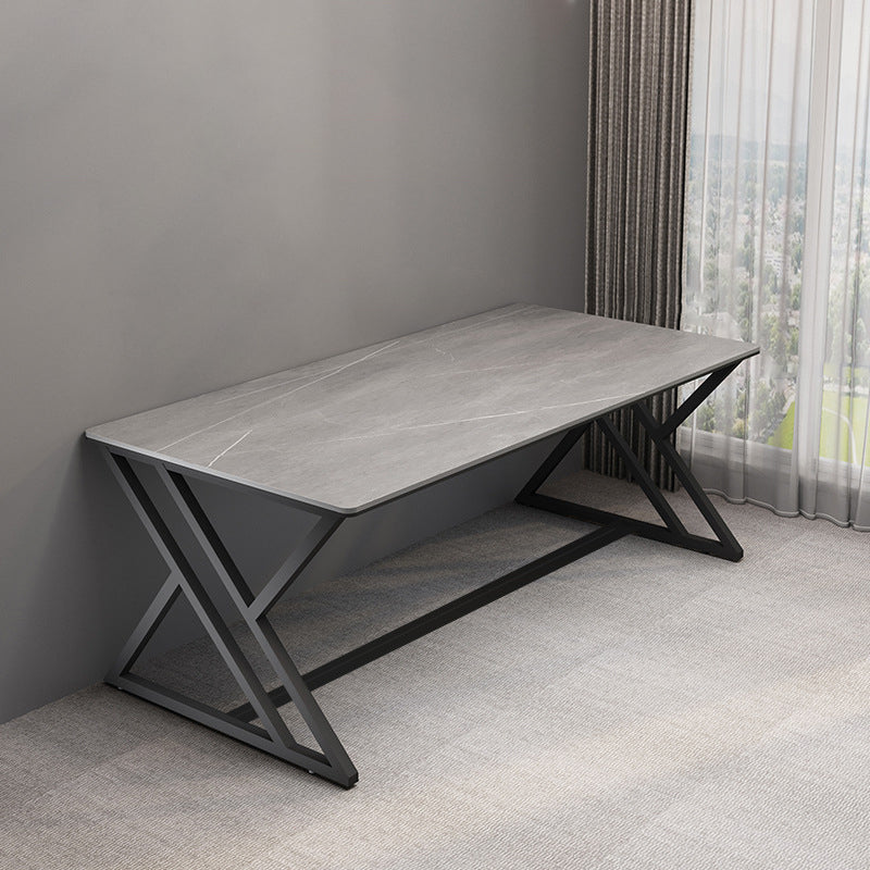 Stone Rectangular Gaming Desk 29.53-inch Tall Computer Desk with Iron Legs 70.9"L x 35.4"W x 29.5"H Gray Clearhalo 'furn' 'furn_office_desk' 'Furniture' 'Office Desks' 'Office Furniture' 'office_desk' 6789020
