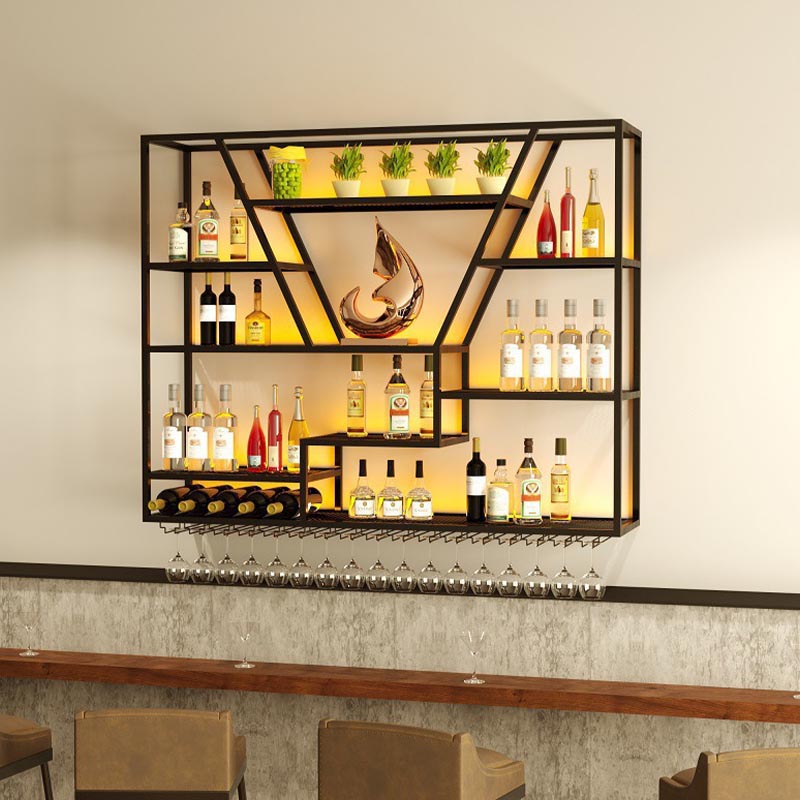 Wall Mounted Iron Wine Racks Modern Style Wine Holder Rack with Shelf 59"L x 8"W x 53"H 1 Piece Clearhalo 'furn' 'furn_wine_racks' 'Furniture' 'Kitchen & Dining Furniture' 'Wine Racks' 'wine_racks' 6793200