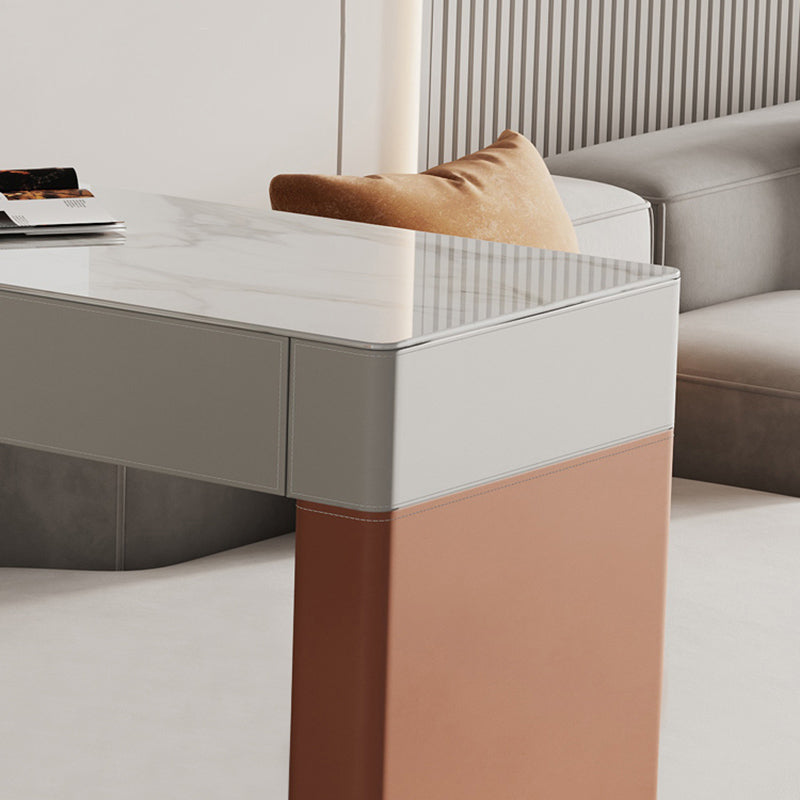 Contemporary Stone Top Bar Dining Table Rectangle Pub Table with Double Pedestal