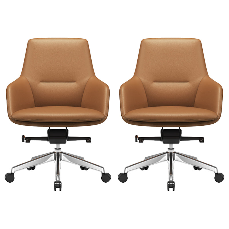 Fixed Arms Modern Desk Chair No Distressing Leather Ergonomic Office Chair with Wheels Brown 2 Piece Set Mid-Back (14-22 in.) Clearhalo 'furn' 'furn_office_chair' 'Furniture' 'Office Chairs' 'Office Furniture' 'office_chair' 6801254