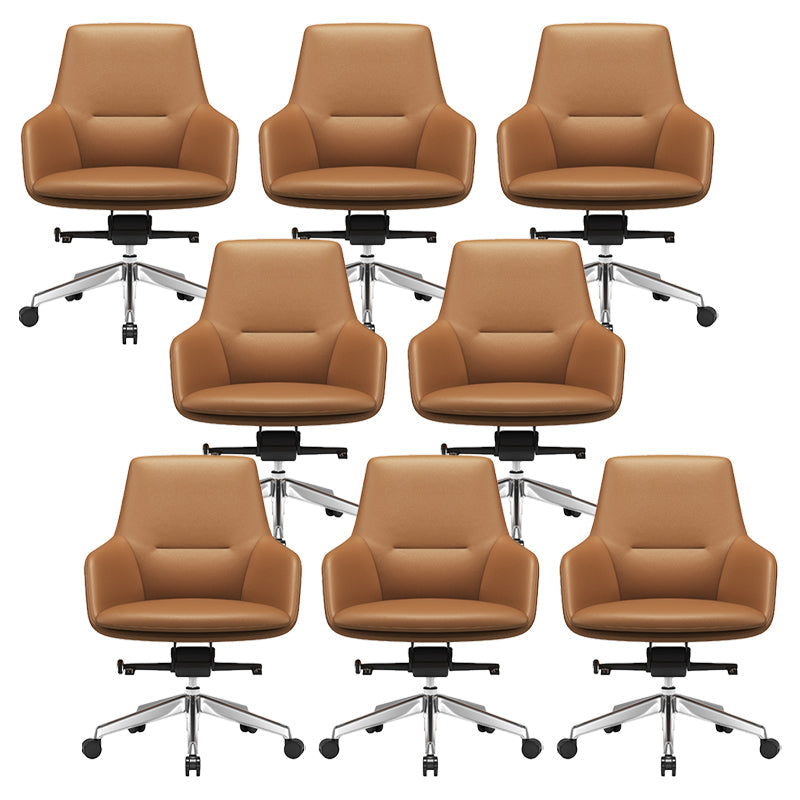 Fixed Arms Modern Desk Chair No Distressing Leather Ergonomic Office Chair with Wheels Brown 8 Piece Set Mid-Back (14-22 in.) Clearhalo 'furn' 'furn_office_chair' 'Furniture' 'Office Chairs' 'Office Furniture' 'office_chair' 6801257