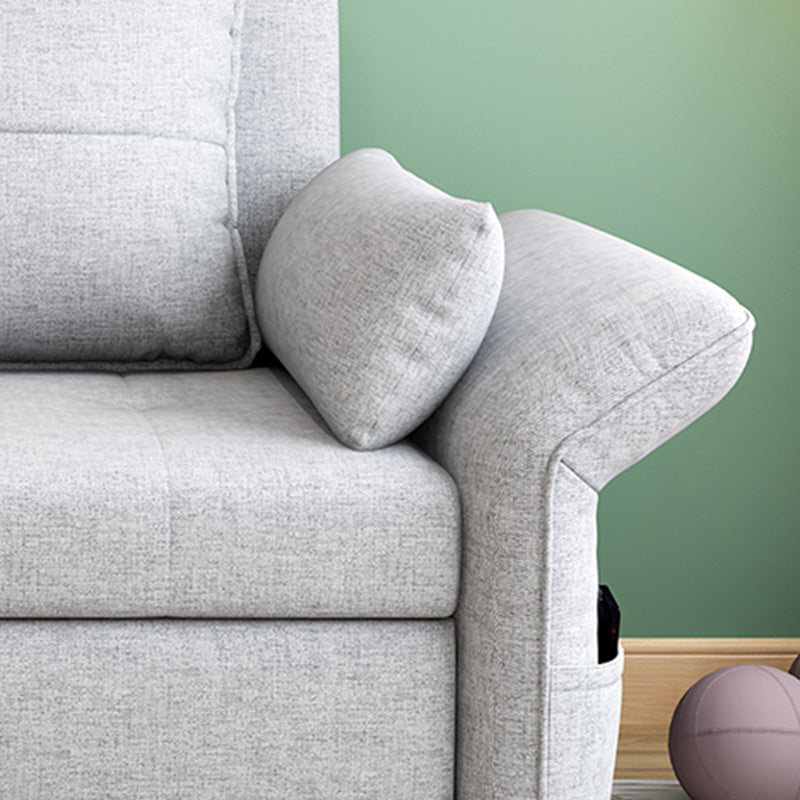 Sleeper de tela moderna en un futón de brazo acampanado gris claro y colchón con almacenamiento