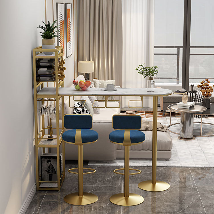 Modern 1/3 Pieces Bar Table Set Stone Counter Table with Rotatable Stools for Living Room 3 Pieces: White-Gold Table, 2 Blue Stools Clearhalo 'Bar Furniture' 'furn' 'furn_home_bar_bar_sets' 'Furniture' 'Home Bars & Bar Sets' 'home_bar_bar_sets' 'Kitchen & Dining Furniture' 6813063